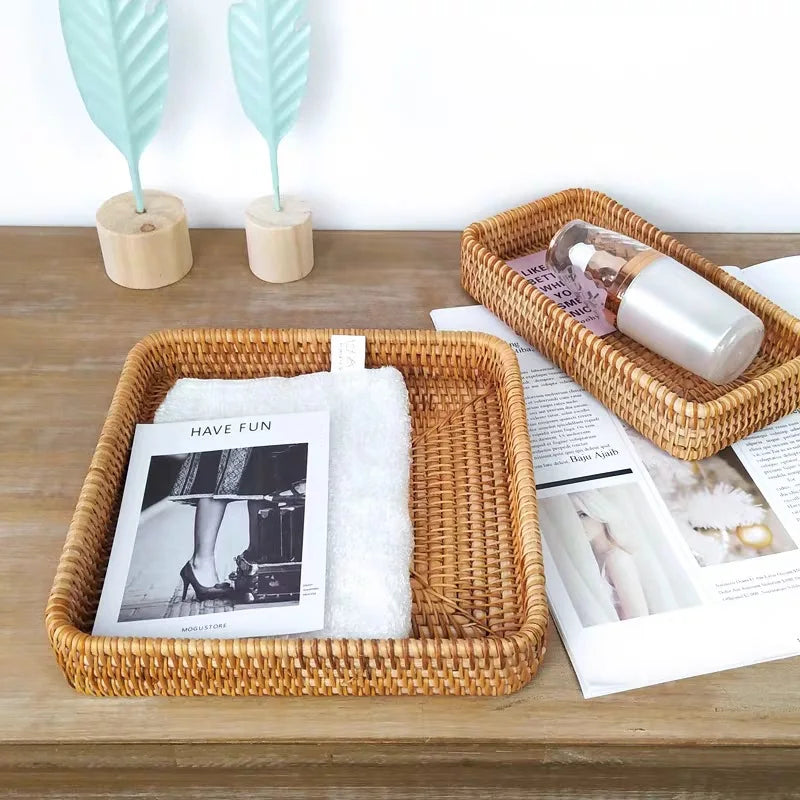 Handwoven Rattan Storage Tray - Natural Wicker Basket