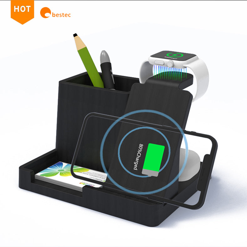 Eco Bamboo Wireless Charging Desk Organizer - Multifunction Dock Station