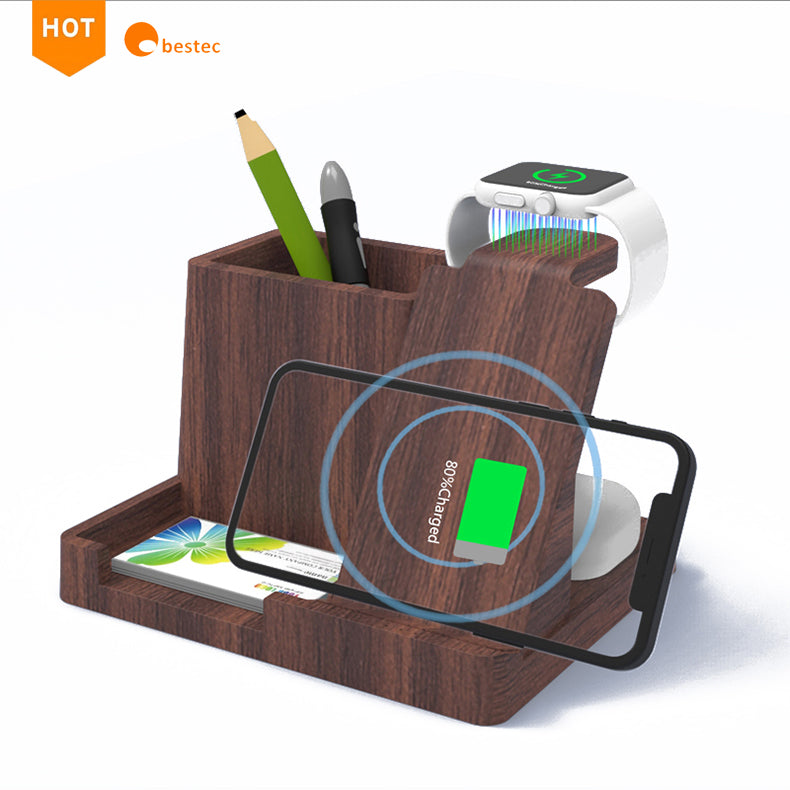Eco Bamboo Wireless Charging Desk Organizer - Multifunction Dock Station