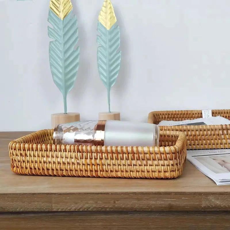 Handwoven Rattan Storage Tray - Natural Wicker Basket