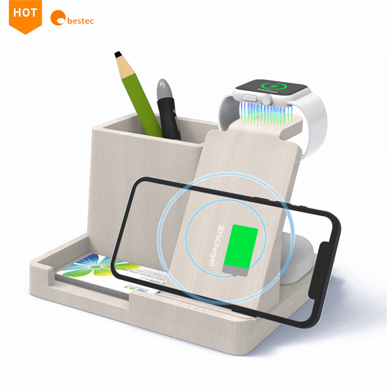 Eco Bamboo Wireless Charging Desk Organizer - Multifunction Dock Station