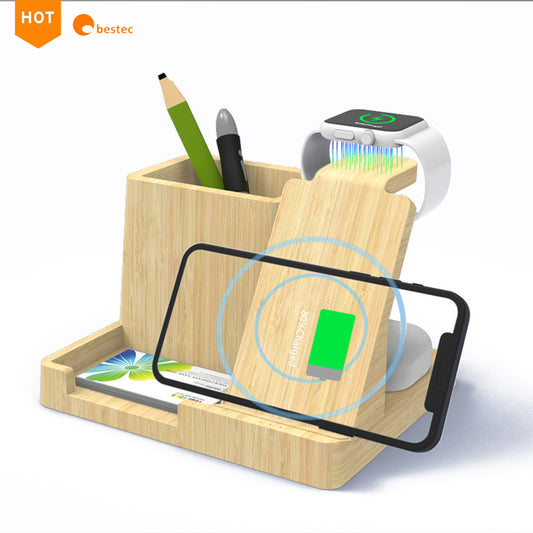 Eco Bamboo Wireless Charging Desk Organizer - Multifunction Dock Station