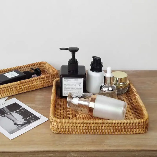 Handwoven Rattan Storage Tray - Natural Wicker Basket