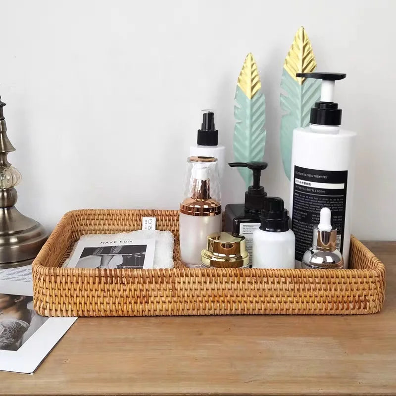 Handwoven Rattan Storage Tray - Natural Wicker Basket