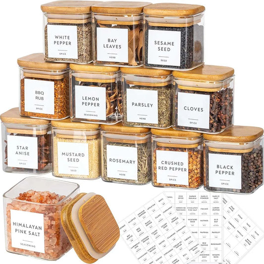 5oz Glass Jars square Set With Spice Labels