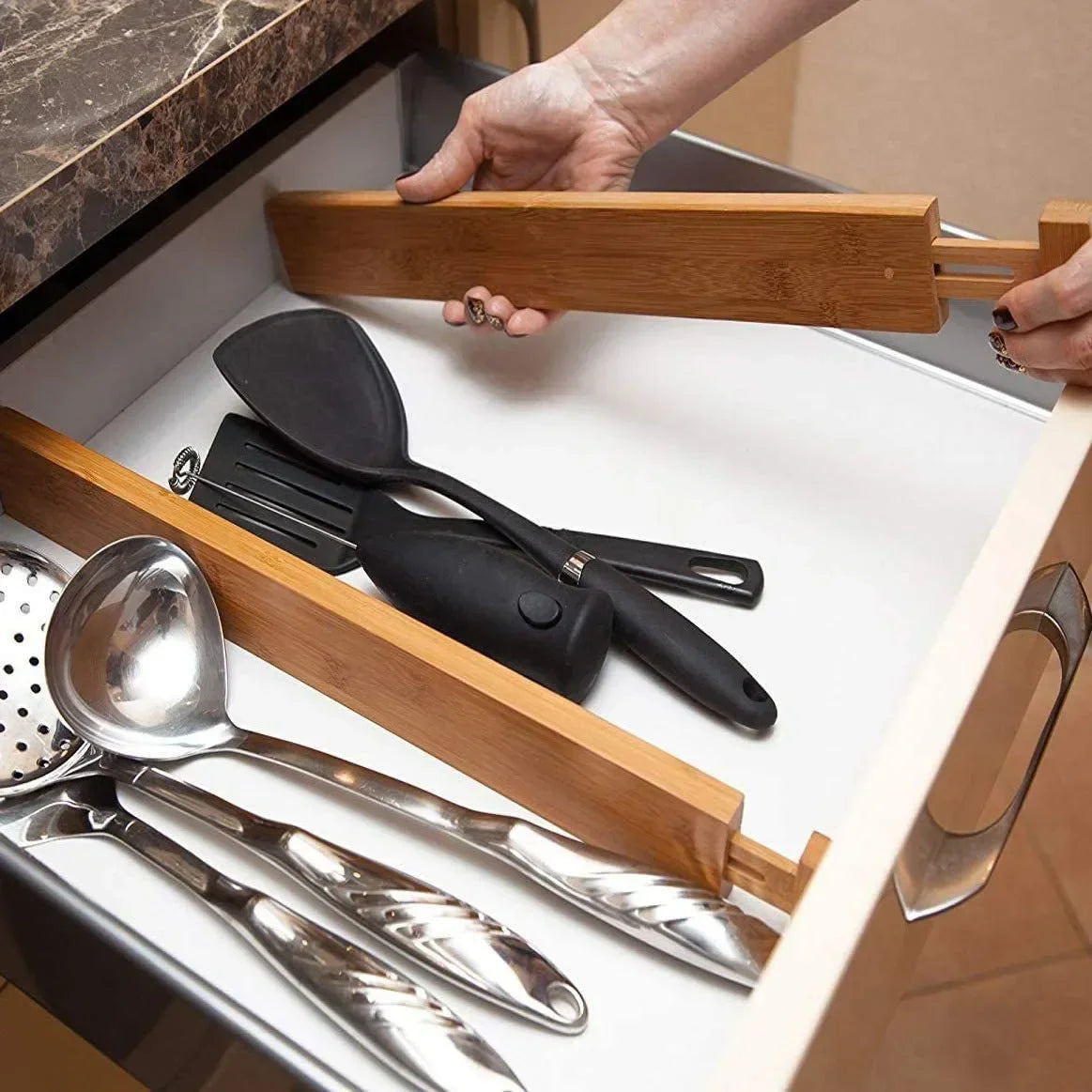 Expandable Bamboo Drawer Dividers-Adjustable Kitchen & Home Organizers